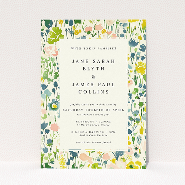 "Springtime Florals" A5 wedding invitation with watercolour floral illustrations in pastel palette. This is a view of the front