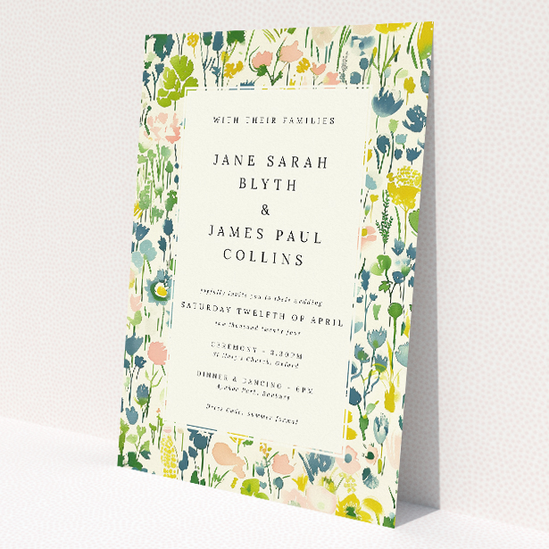 'Springtime Florals' A5 wedding invitation with watercolour floral illustrations in pastel palette. This is a view of the front