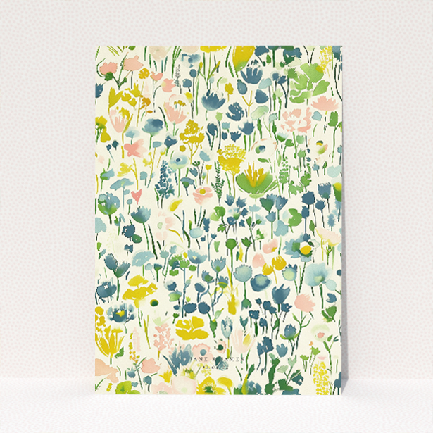 "Springtime Florals" A5 wedding invitation with watercolour floral illustrations in pastel palette. This image shows the front and back sides together