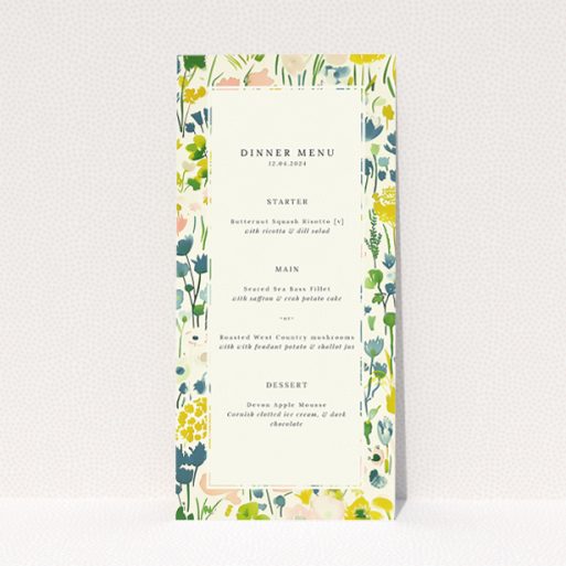 Springtime Florals wedding menu template with pastel watercolour florals and fresh greens, perfect for a spring celebration This is a view of the front