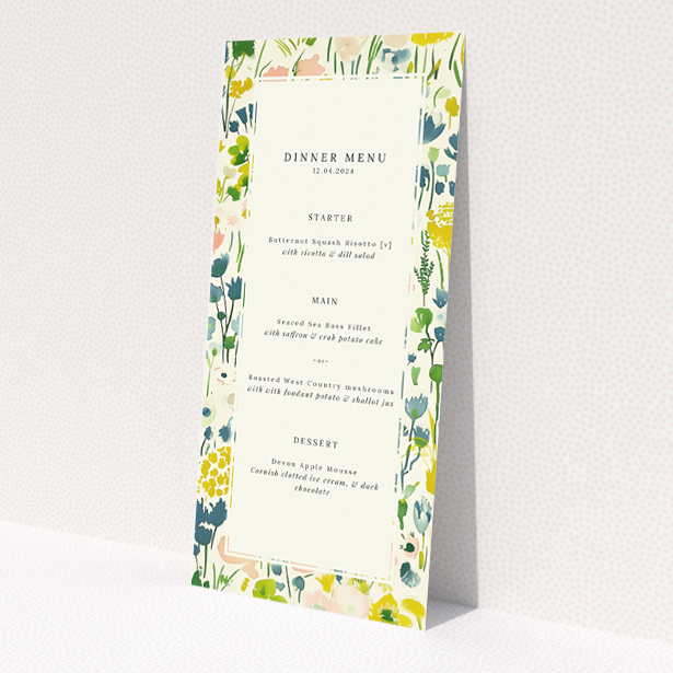 Springtime Florals wedding menu template with pastel watercolour florals and fresh greens, perfect for a spring celebration This is a view of the front