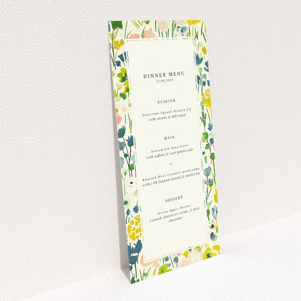 Springtime Florals wedding menu template with pastel watercolour florals and fresh greens, perfect for a spring celebration This is a view of the back