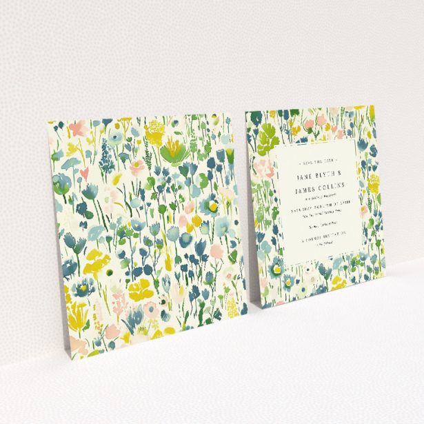 Springtime Florals Wedding Save the Date Card Template - Vibrant Hand-Painted Flowers on Creamy Background. This image shows the front and back sides together