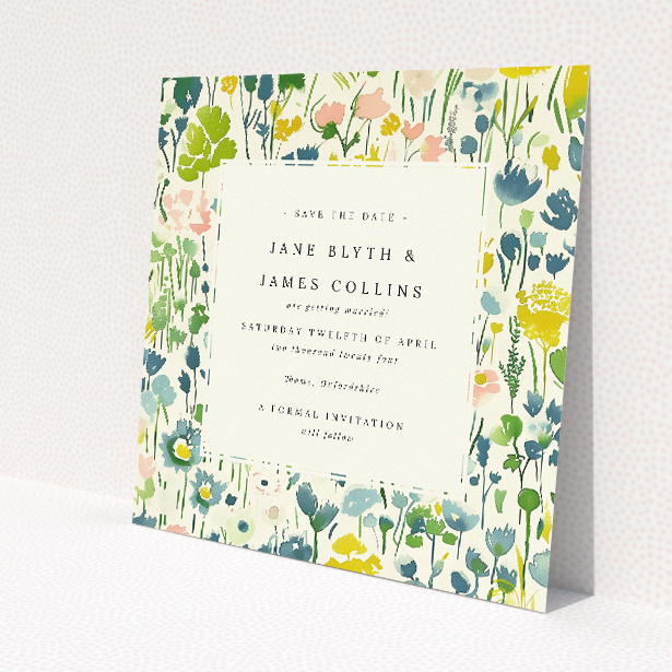 Springtime Florals Wedding Save the Date Card Template - Vibrant Hand-Painted Flowers on Creamy Background. This image shows the front and back sides together