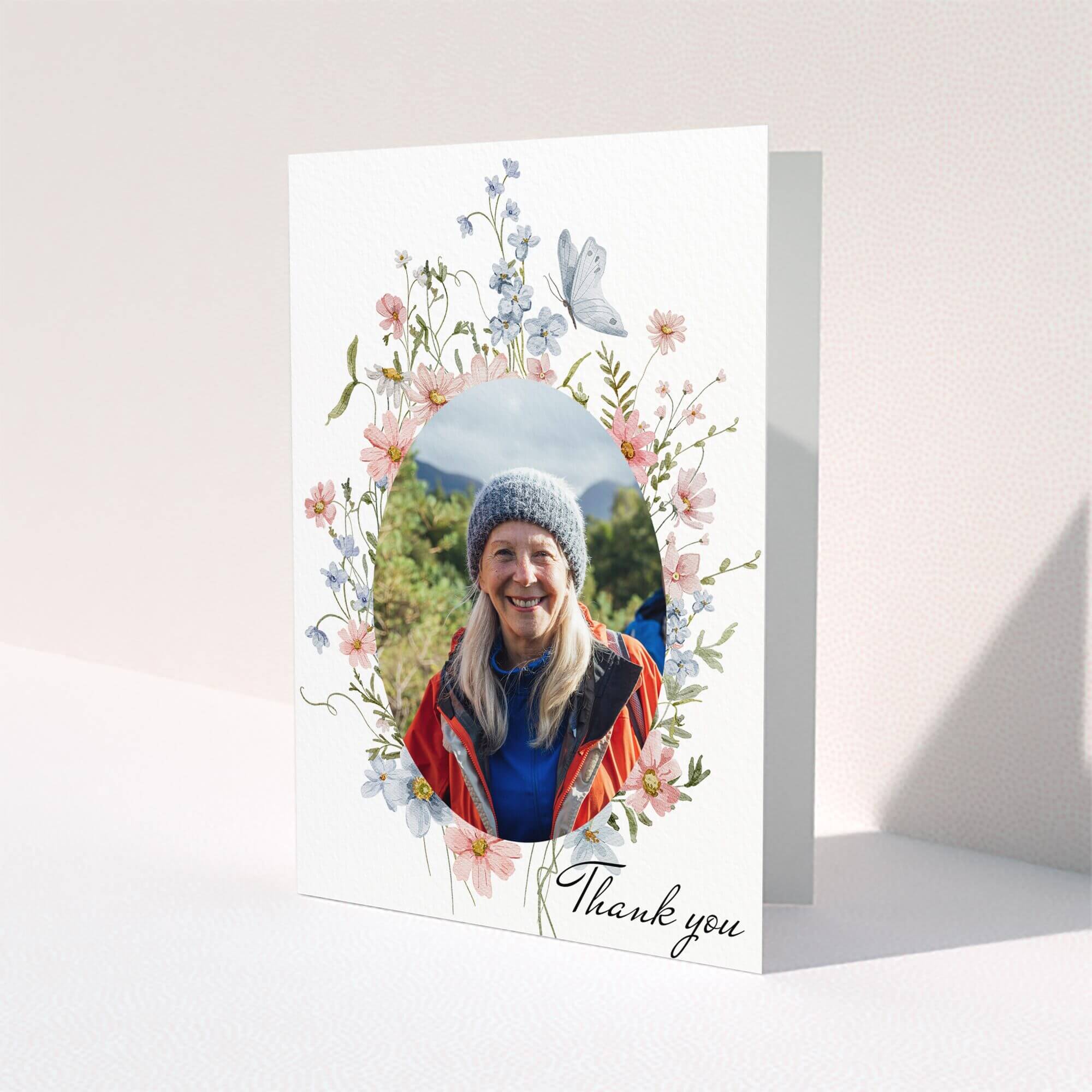 Floral design funeral thank you card with one photo in oval frame