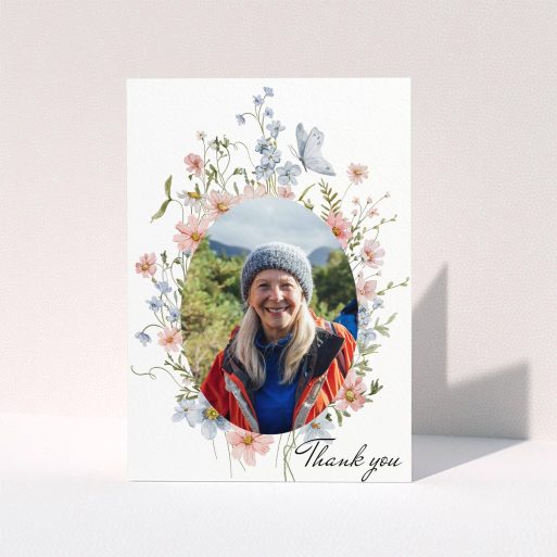 Funeral Card Design Floral design funeral thank you card with one photo in oval frame