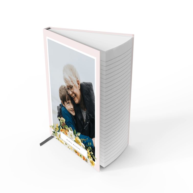 Floral design personalised notebook cover with one photo placeholder, pink and grey tones.