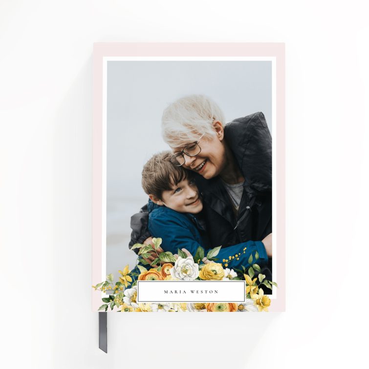 Floral design personalised notebook cover with one photo placeholder, pink and grey tones.