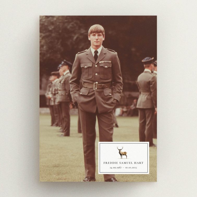 Funeral announcement design featuring a formal photograph with one image