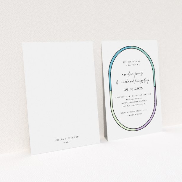 "Stained Glass" A5 wedding invitation with elegant oval frame and hand-scripted typography. This image shows the front and back sides together