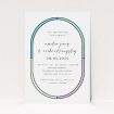 "Stained Glass" A5 wedding invitation with elegant oval frame and hand-scripted typography. This is a view of the front