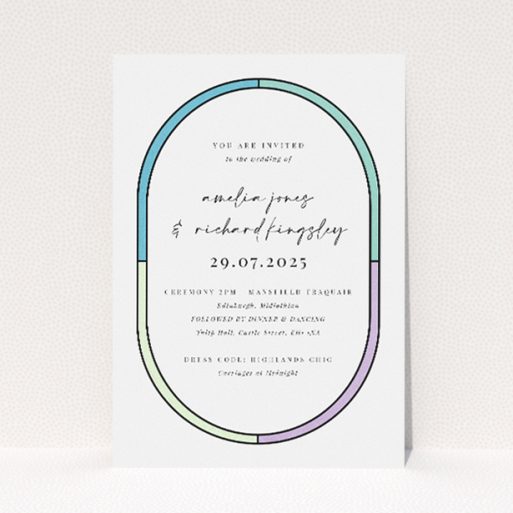 "Stained Glass" A5 wedding invitation with elegant oval frame and hand-scripted typography. This is a view of the front