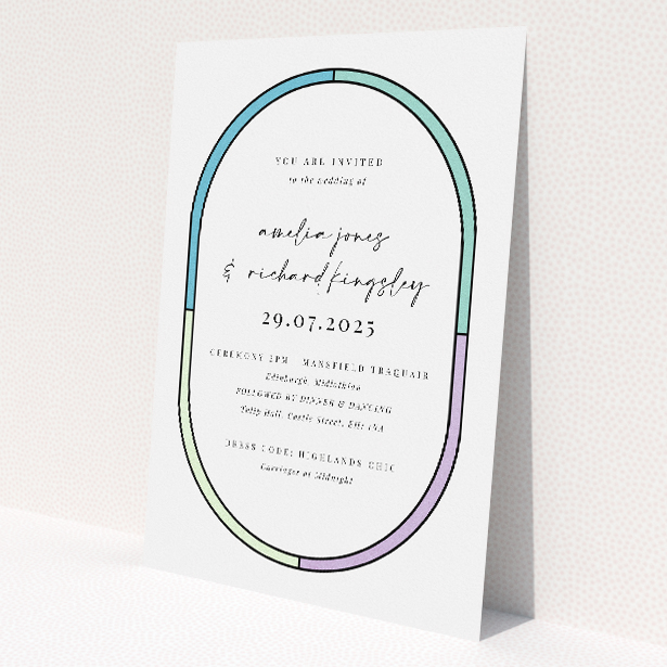 'Stained Glass' A5 wedding invitation with elegant oval frame and hand-scripted typography. This is a view of the front
