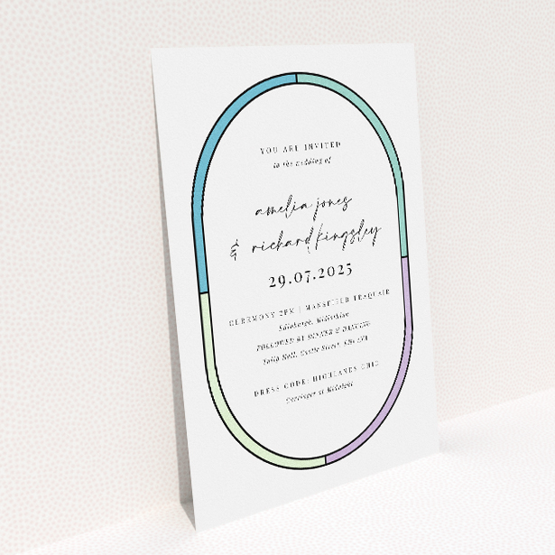 "Stained Glass" A5 wedding invitation with elegant oval frame and hand-scripted typography. This image shows the front and back sides together