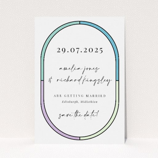 Stained Glass wedding save the date card A6 featuring an oval motif reminiscent of stained glass window, blending contemporary style with artistic flair for a unique announcement of your special day This is a view of the front