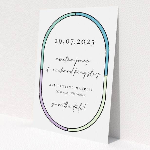 Stained Glass wedding save the date card A6 featuring an oval motif reminiscent of stained glass window, blending contemporary style with artistic flair for a unique announcement of your special day This is a view of the back
