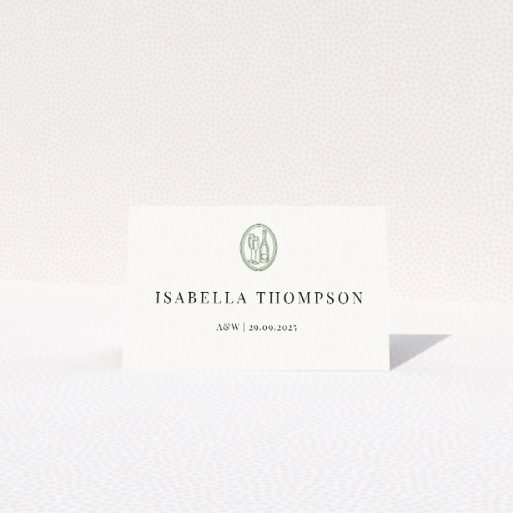 Stamped Classic place cards table template - refined monogram crest and classic colour palette for chic wedding announcement. This is a view of the front