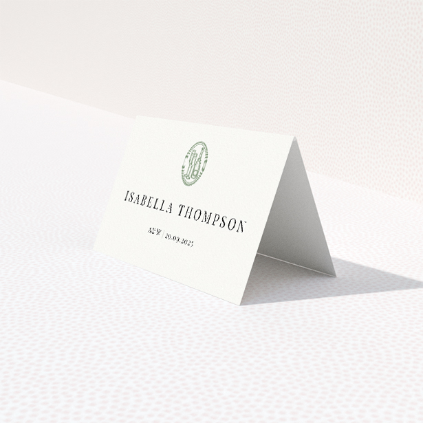 Stamped Classic place cards table template - refined monogram crest and classic colour palette for chic wedding announcement. This is a third view of the front