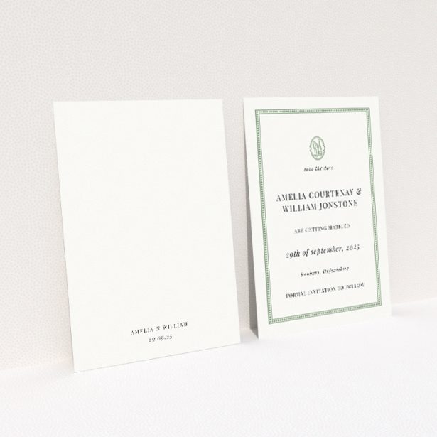 Stamped Classic A6 Save the Date Card - Timelessly elegant wedding stationery featuring delicate green frame and botanical emblem, evoking traditional correspondence with a touch of nature-inspired sophistication This is a view of the back