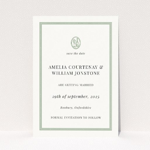 Stamped Classic A6 Save the Date Card - Timelessly elegant wedding stationery featuring delicate green frame and botanical emblem, evoking traditional correspondence with a touch of nature-inspired sophistication This is a view of the front