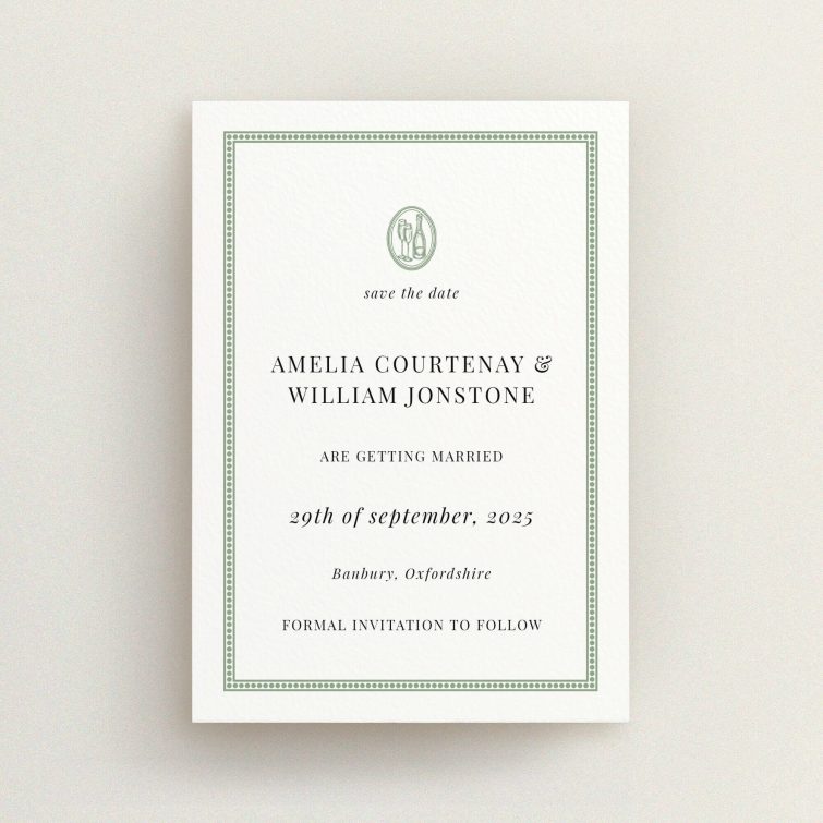 Stamped Classic A6 Save the Date Card - Timelessly elegant wedding stationery featuring delicate green frame and botanical emblem, evoking traditional correspondence with a touch of nature-inspired sophistication This is a view of the front