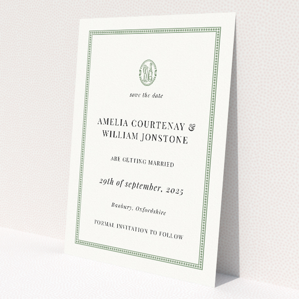 Stamped Classic A6 Save the Date Card - Timelessly elegant wedding stationery featuring delicate green frame and botanical emblem, evoking traditional correspondence with a touch of nature-inspired sophistication This is a view of the back