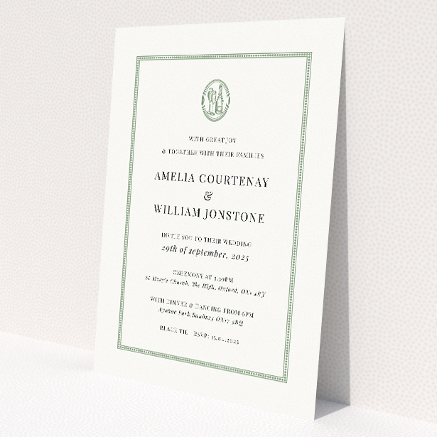 Stamped Classic wedding invitation - A5 portrait format - timeless elegance with monogram crest, classic colour palette, and symmetrical layout This image shows the front and back sides together