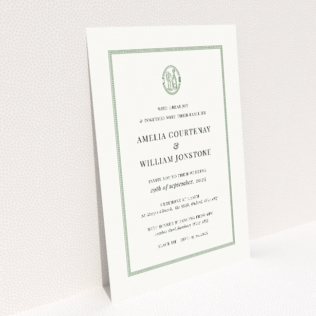 Stamped Classic wedding invitation - A5 portrait format - timeless elegance with monogram crest, classic colour palette, and symmetrical layout This image shows the front and back sides together