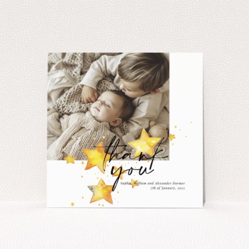 Baby thank you card with a single photo and star illustrations.