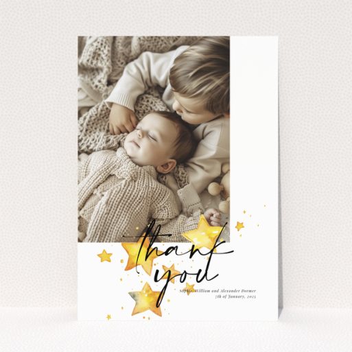 Baby thank you card with a single photo and star illustrations.