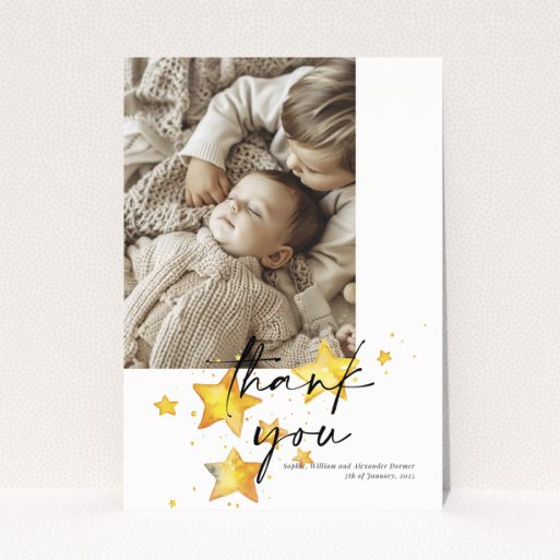 Baby thank you card with a single photo and star illustrations.