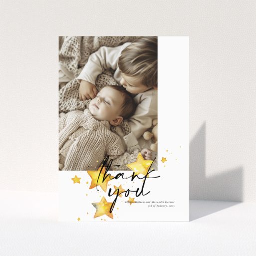 Baby thank you card with a single photo and star illustrations.