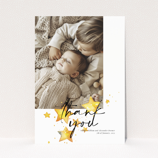 Baby thank you card with a single photo and star illustrations.