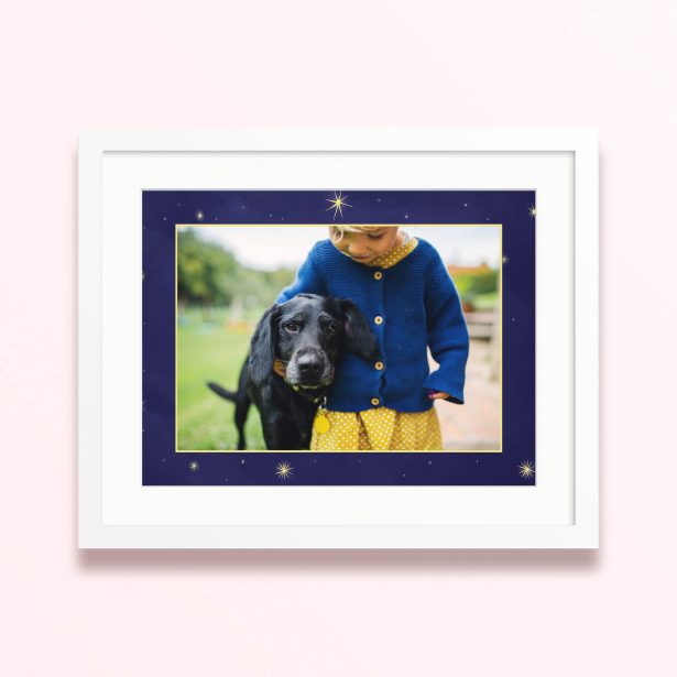 Framed and mounted photo print with one photo featuring a child and a dog.