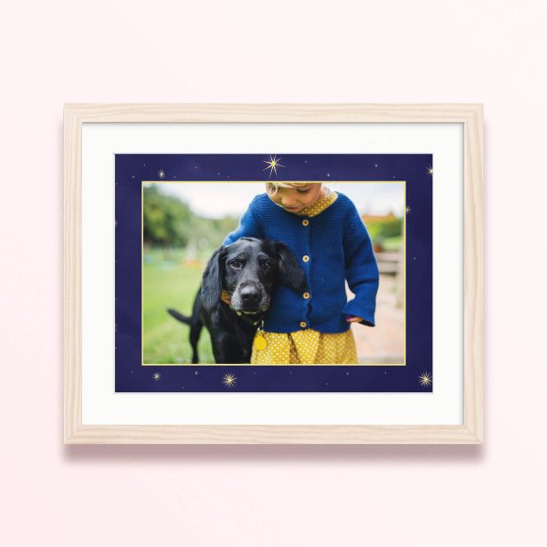 Framed and mounted photo print with one photo featuring a child and a dog.