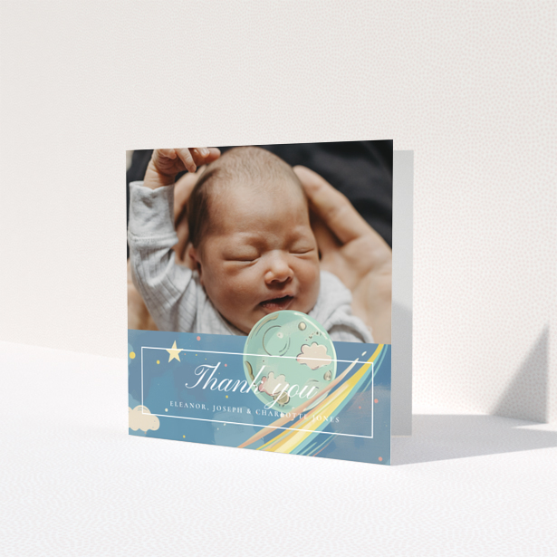 Baby thank you card design with one photo and space theme decorations
