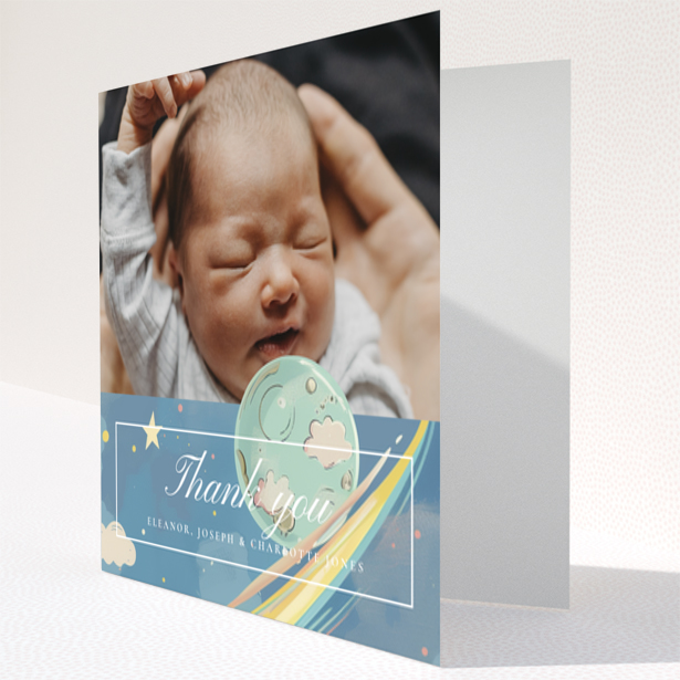 Baby thank you card design with one photo and space theme decorations
