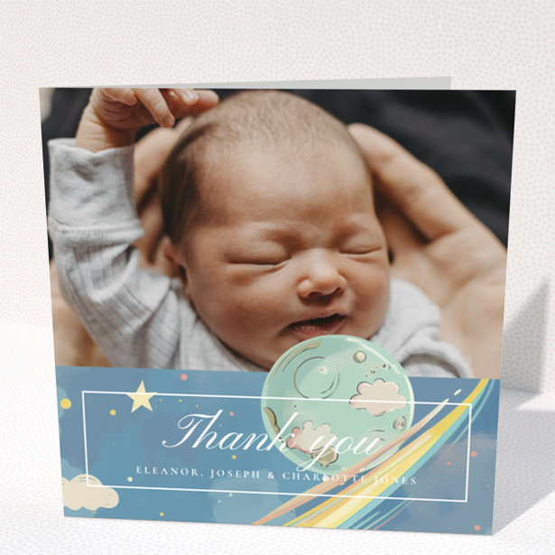 Baby thank you card design with one photo and space theme decorations