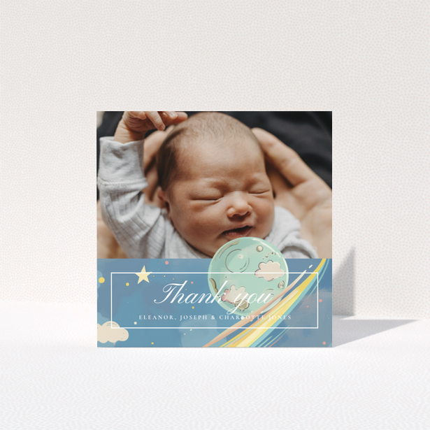 Baby thank you card design with one photo and space theme decorations