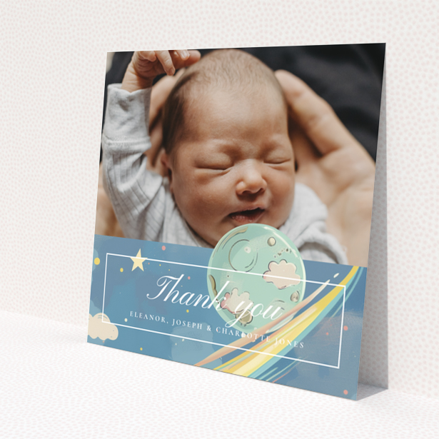 Baby thank you card design with one photo and space theme decorations