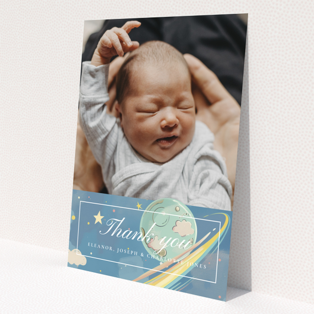Baby thank you card design with one photo and space theme decorations