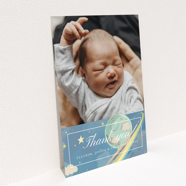 Baby thank you card design with one photo and space theme decorations
