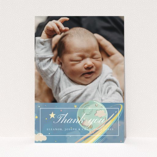 Baby thank you card design with one photo and space theme decorations