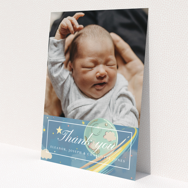 Baby thank you card design with one photo and space theme decorations