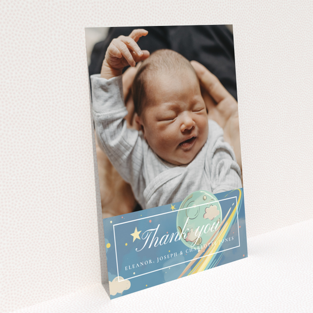 Baby thank you card design with one photo and space theme decorations