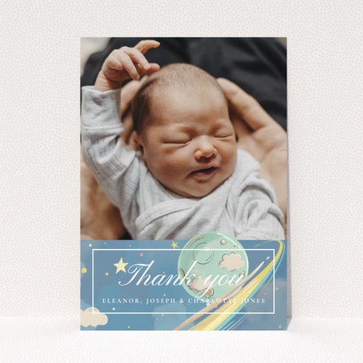 Baby thank you card design with one photo and space theme decorations