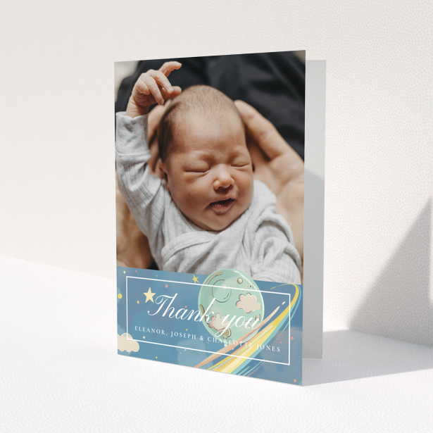 Baby thank you card design with one photo and space theme decorations