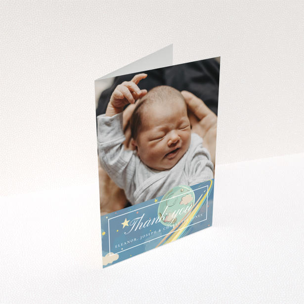 Baby thank you card design with one photo and space theme decorations