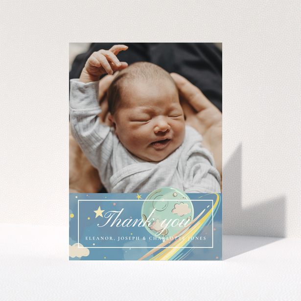 Baby thank you card design with one photo and space theme decorations