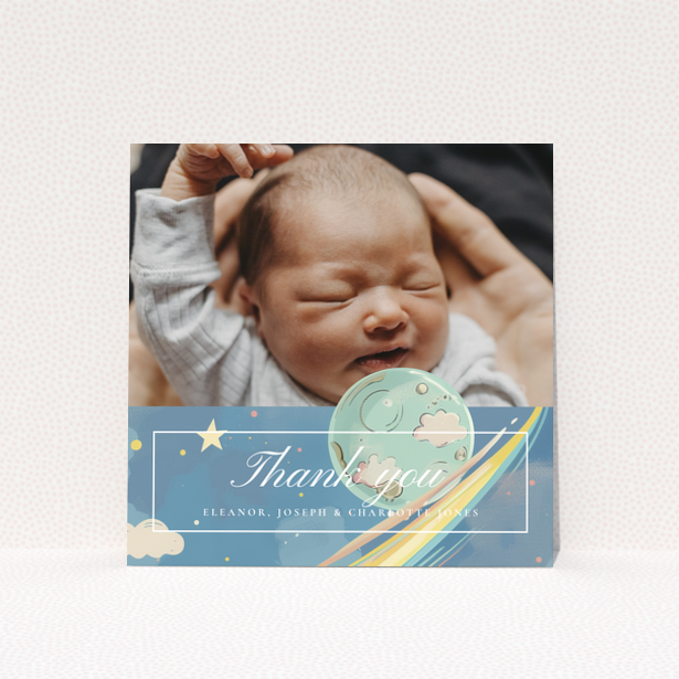 Baby thank you card design with one photo and space theme decorations